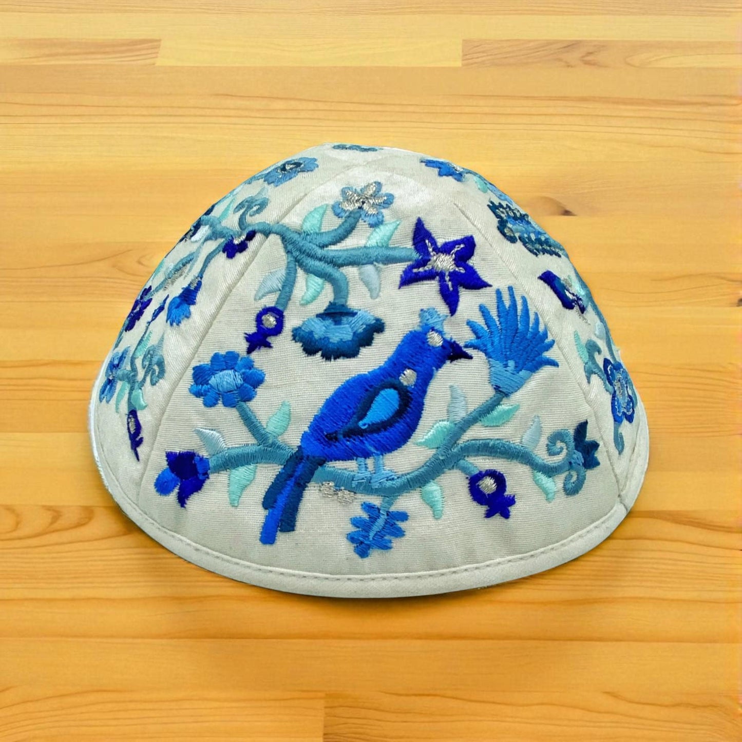 Blue & White Bird 17cm Embroidered Kippah