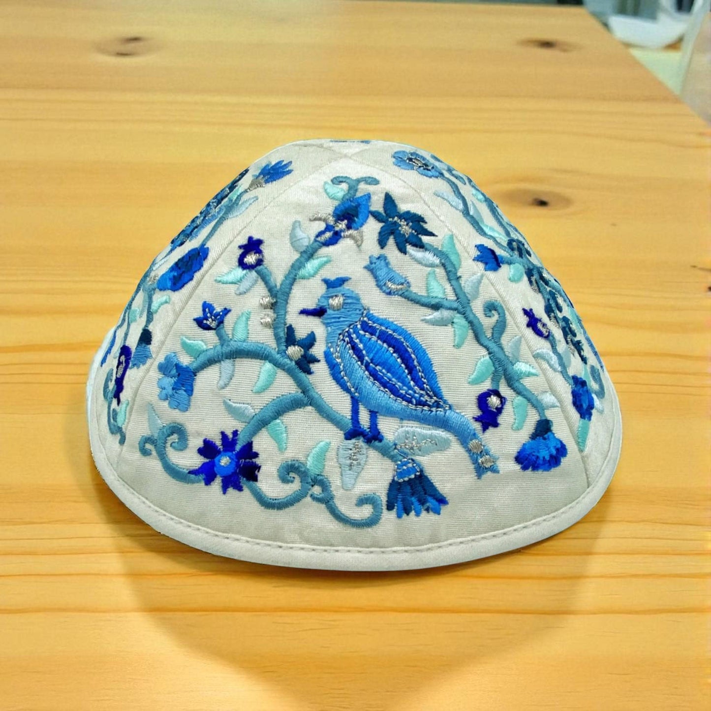 Blue & White Bird 17cm Embroidered Kippah