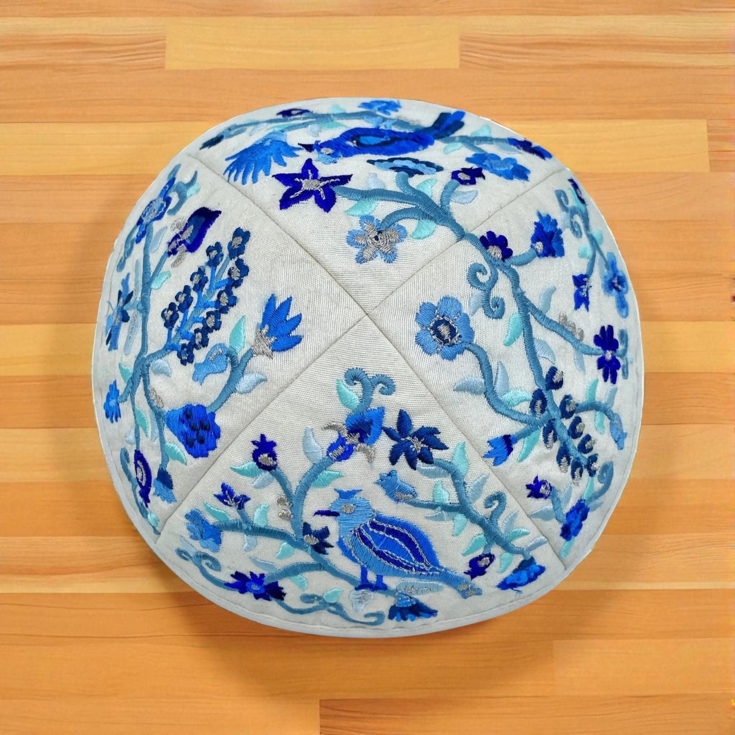 Blue & White Bird 17cm Embroidered Kippah