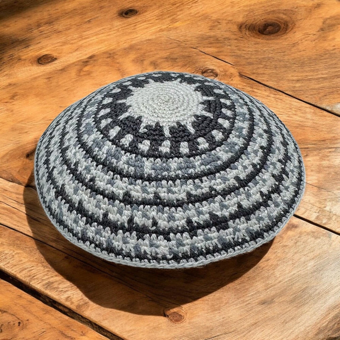 White & Gray 14cm Handmade Knitted Cotton Kippah