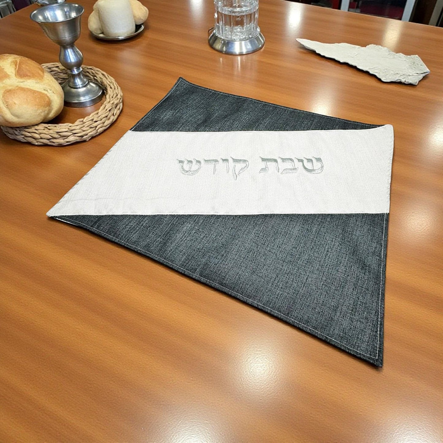 Shabbat Challah Cover: White & Gray, Silver