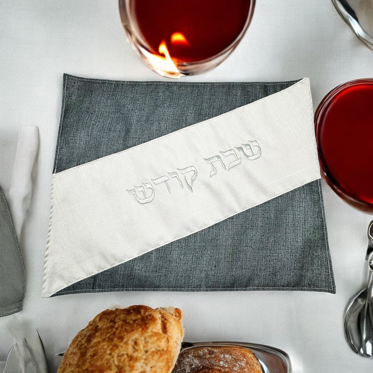 Shabbat Challah Cover: White & Gray, Silver