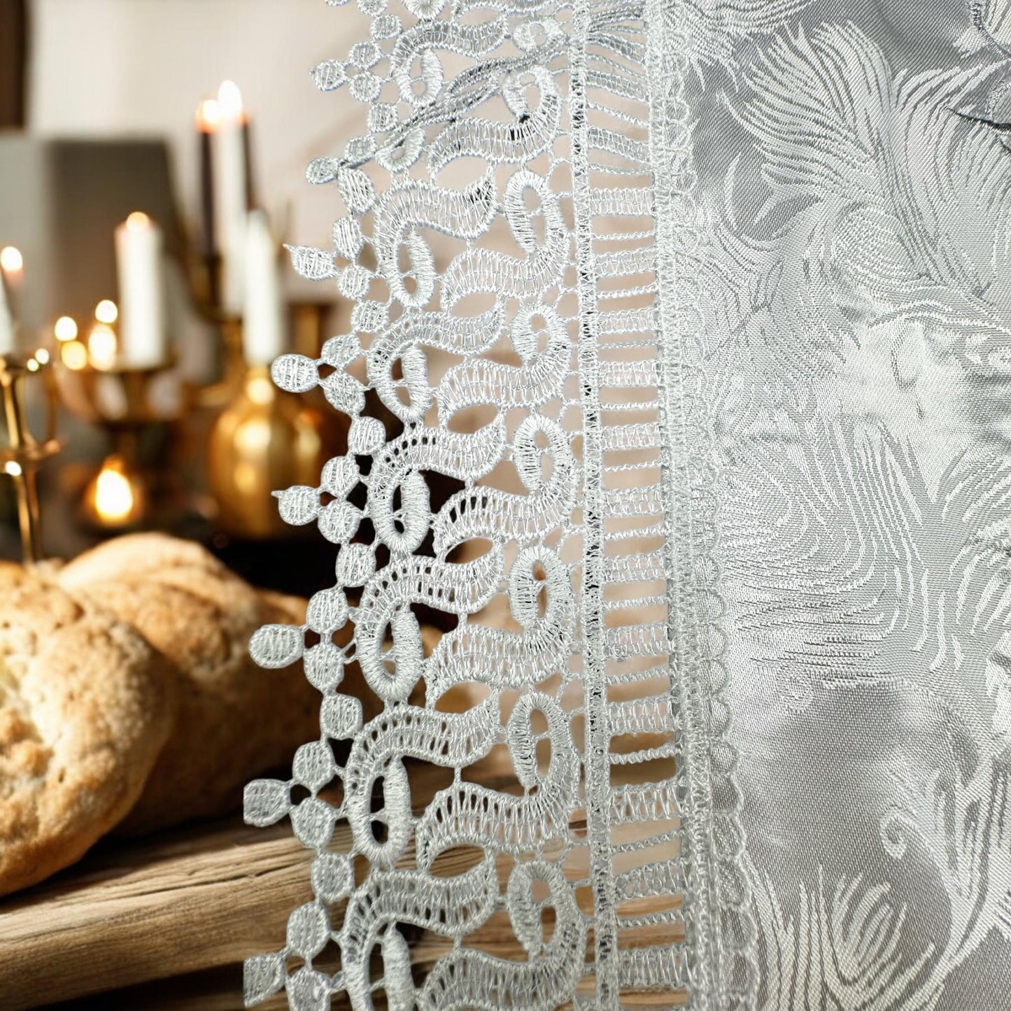 White Linen Challah Cover Lace with Hebrew Blessing