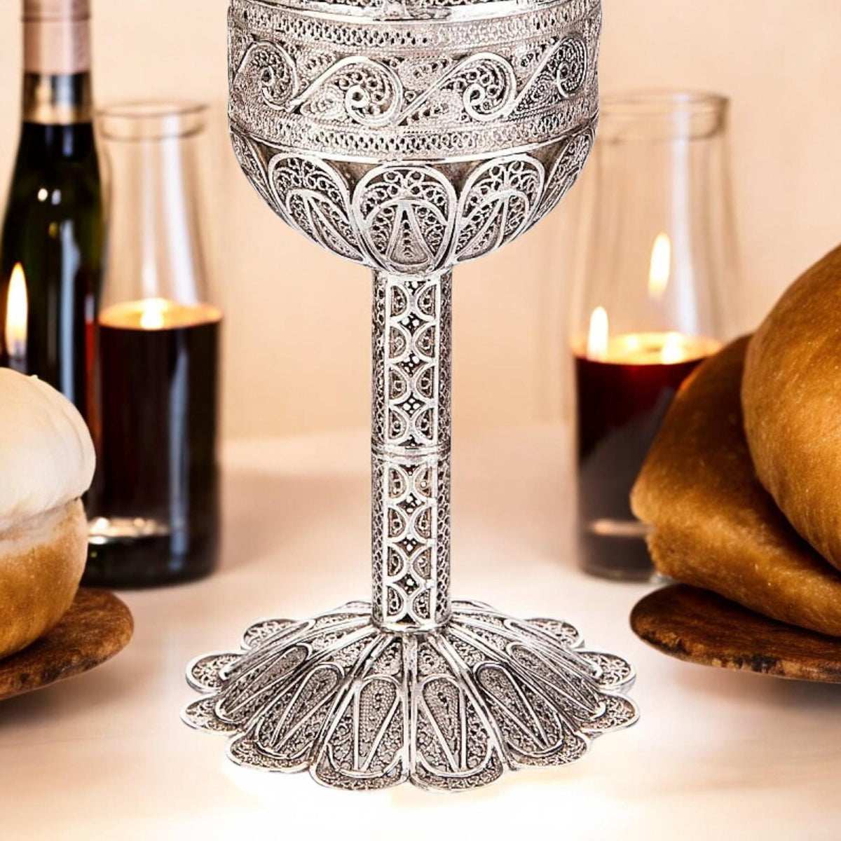Coupe de Kiddouch à pied en filigrane yéménite en argent sterling | Intérieur plaqué or 24 carats