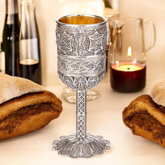 Sterling Silver Yemenite Filigree Stemmed Kiddush Cup | 24K Gold Interior