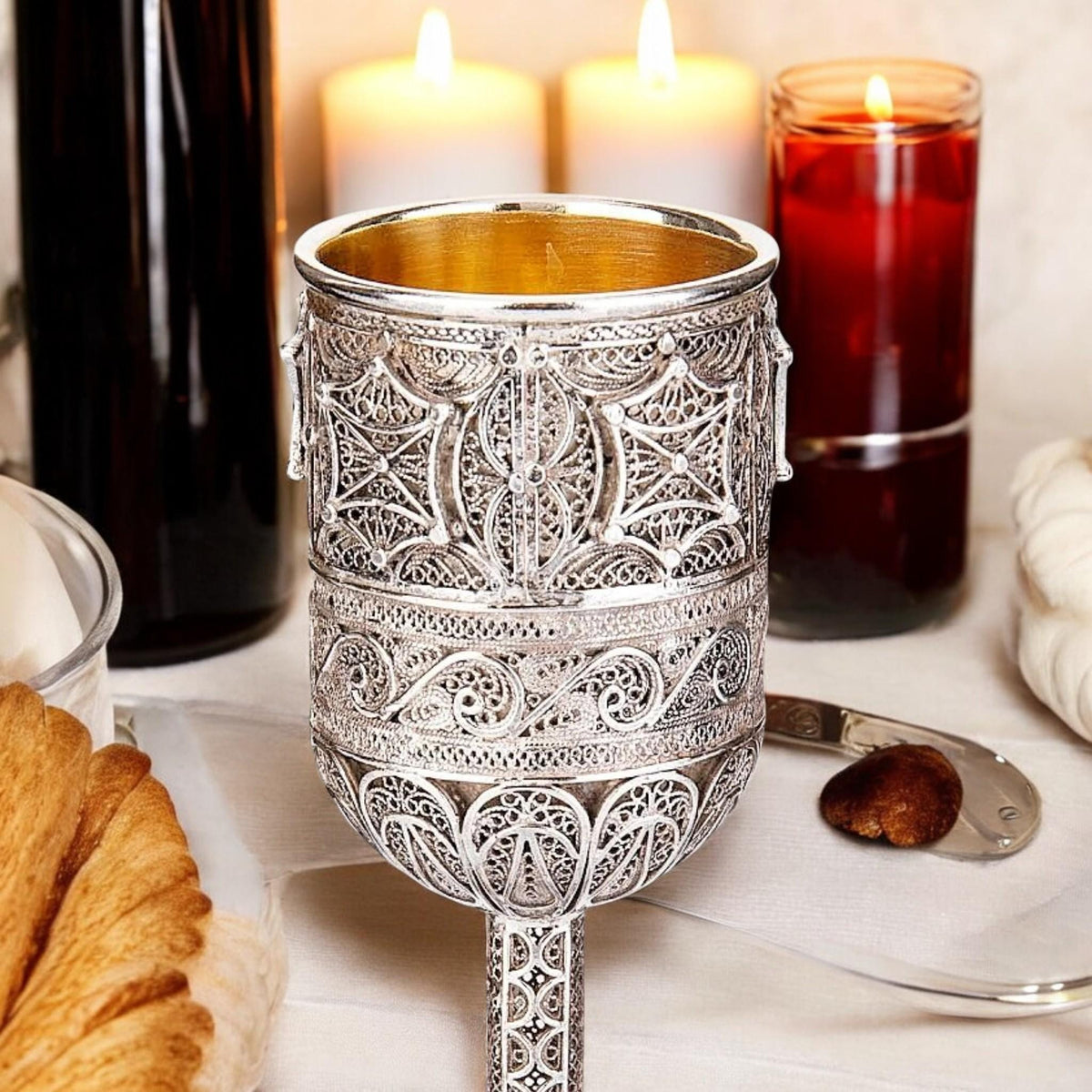 Coupe de Kiddouch à pied en filigrane yéménite en argent sterling | Intérieur plaqué or 24 carats
