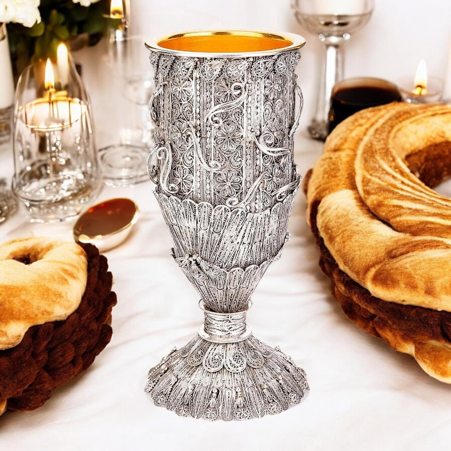 Big Eliyahu Kiddush Cup | Sterling Silver Yemenite Filigree | 24K Gold Interior