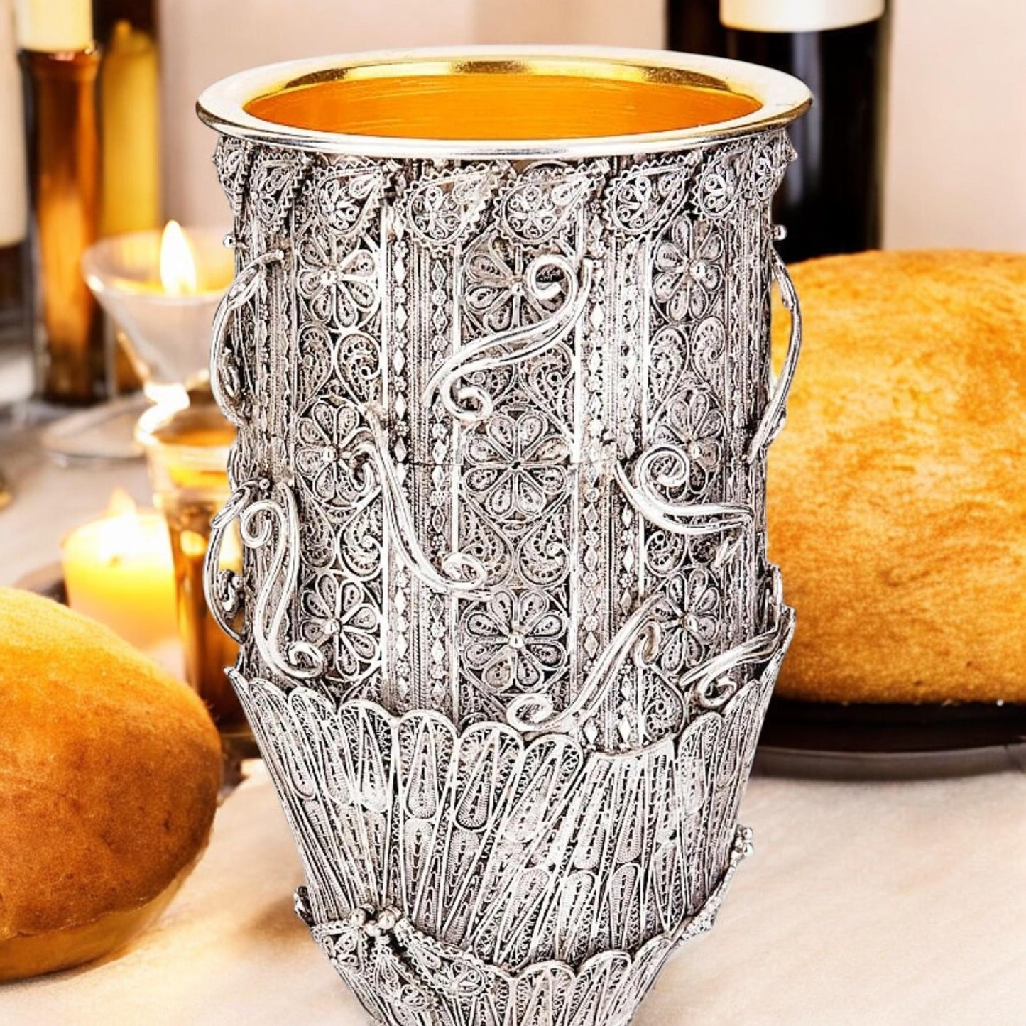 Big Eliyahu Kiddush Cup | Sterling Silver Yemenite Filigree | 24K Gold Interior