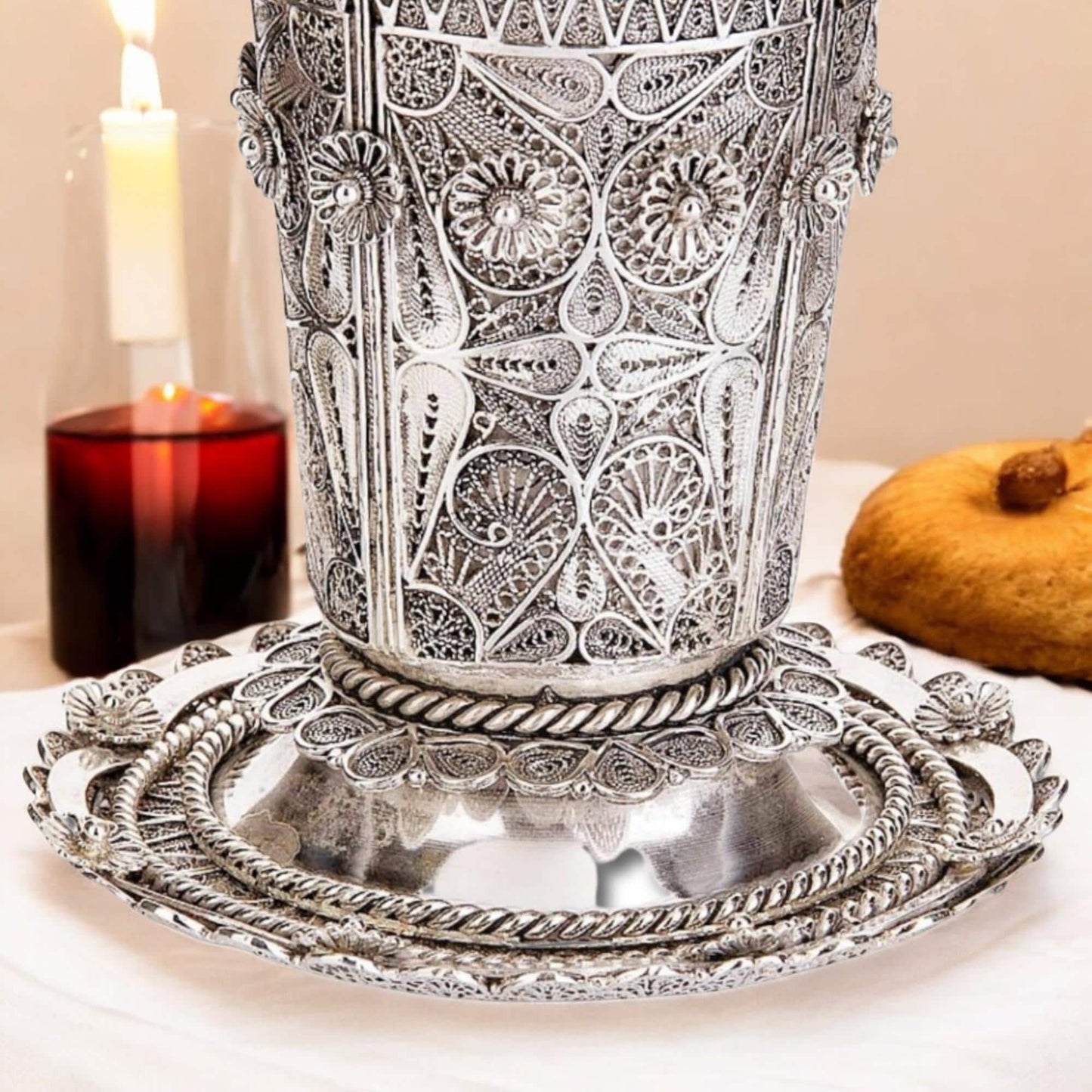 Flower Kiddush Cup with Coaster | Sterling Silver Yemenite Filigree | 24K Gold Interior