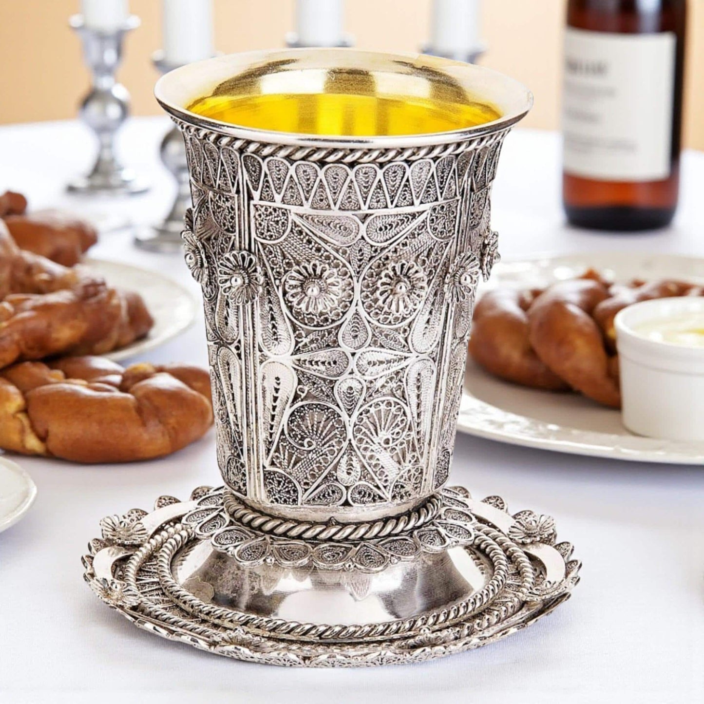 Flower Kiddush Cup with Coaster | Sterling Silver Yemenite Filigree | 24K Gold Interior