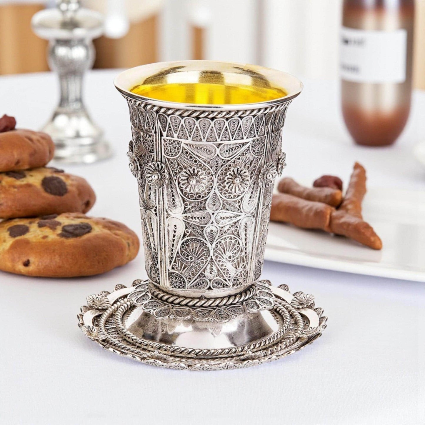 Flower Kiddush Cup with Coaster | Sterling Silver Yemenite Filigree | 24K Gold Interior