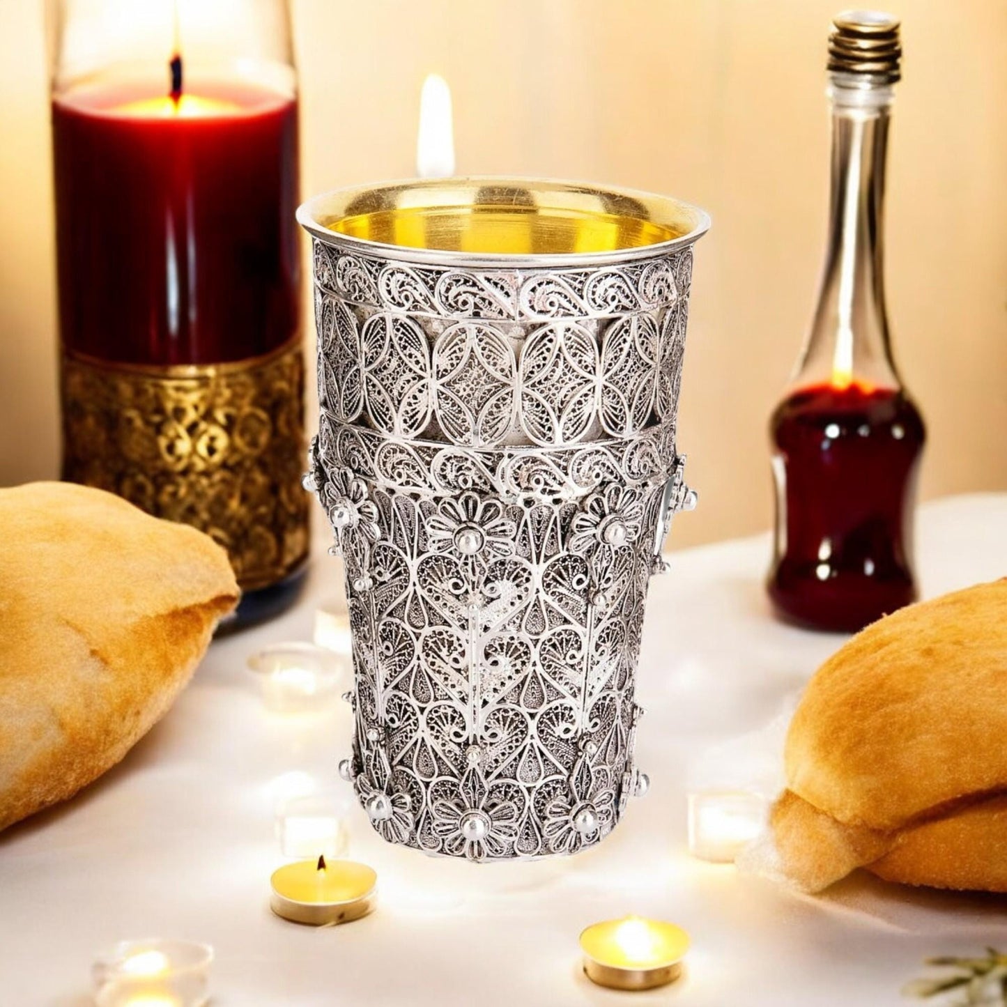 Sterling Silver Yemenite Filigree Flowers Kiddush Cup | 24K Gold Inside | Shabbat Judaica