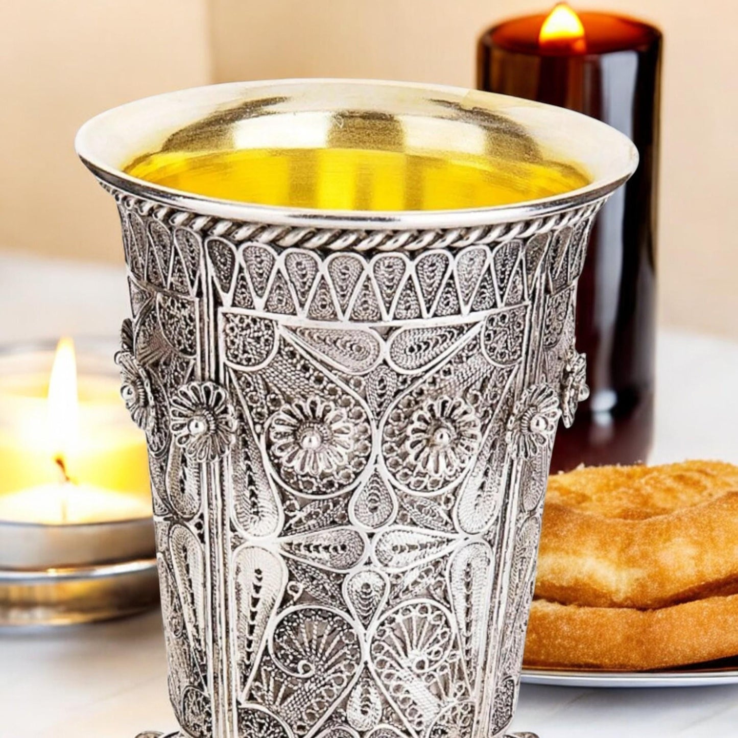 Sterling Silver Yemenite Filigree Flowers Kiddush Cup | 24K Gold Inside | Shabbat Judaica