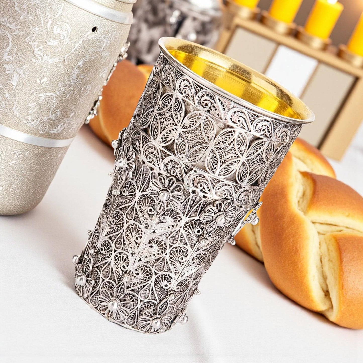 Sterling Silver Yemenite Filigree Flowers Kiddush Cup | 24K Gold Inside | Shabbat Judaica
