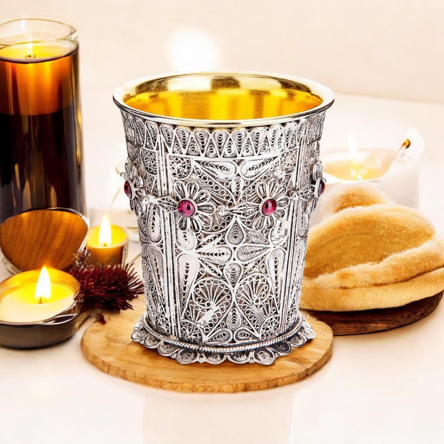 Sterling Silver Yemenite Filigree Kiddush Cup | Garnet Gems | 24K Gold Interior