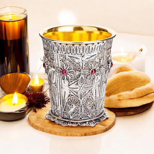 Sterling Silver Yemenite Filigree Kiddush Cup | Garnet Gems | 24K Gold Interior