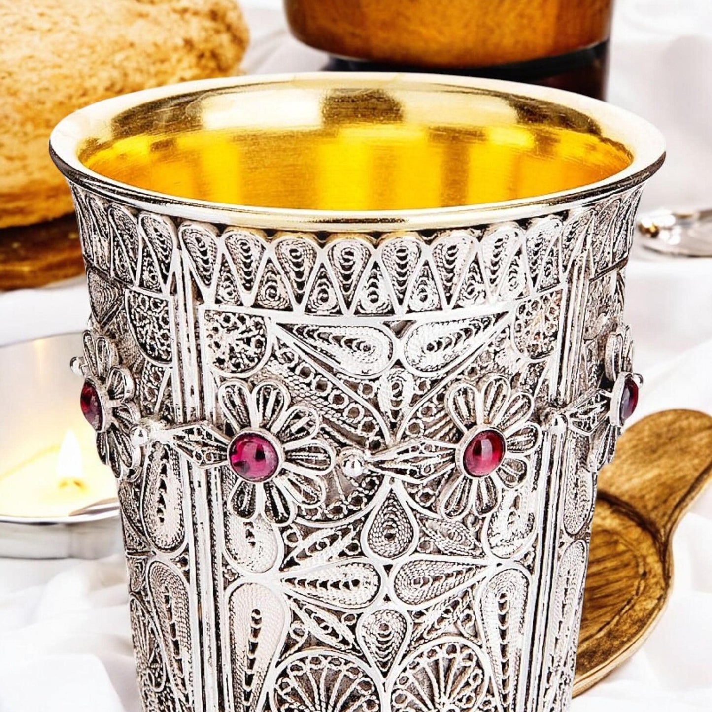 Sterling Silver Yemenite Filigree Kiddush Cup | Garnet Gems | 24K Gold Interior