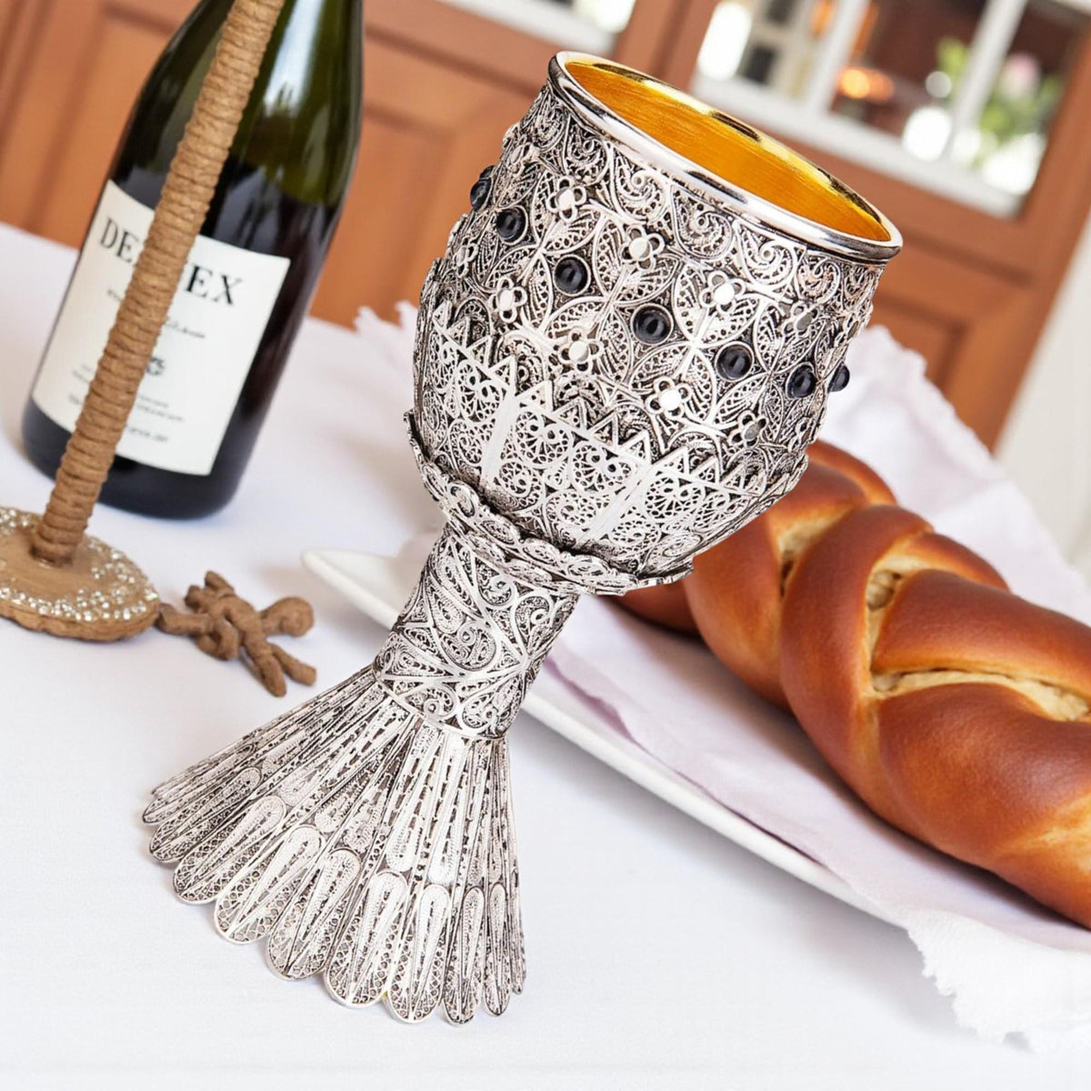 Coupe de Kiddush yéménite en filigrane d'argent sterling | Pierres d'onyx | Intérieur plaqué or 24K