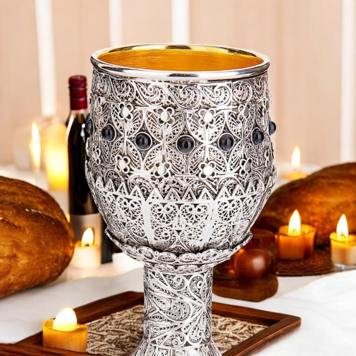 Coupe de Kiddush yéménite en filigrane d'argent sterling | Pierres d'onyx | Intérieur plaqué or 24K