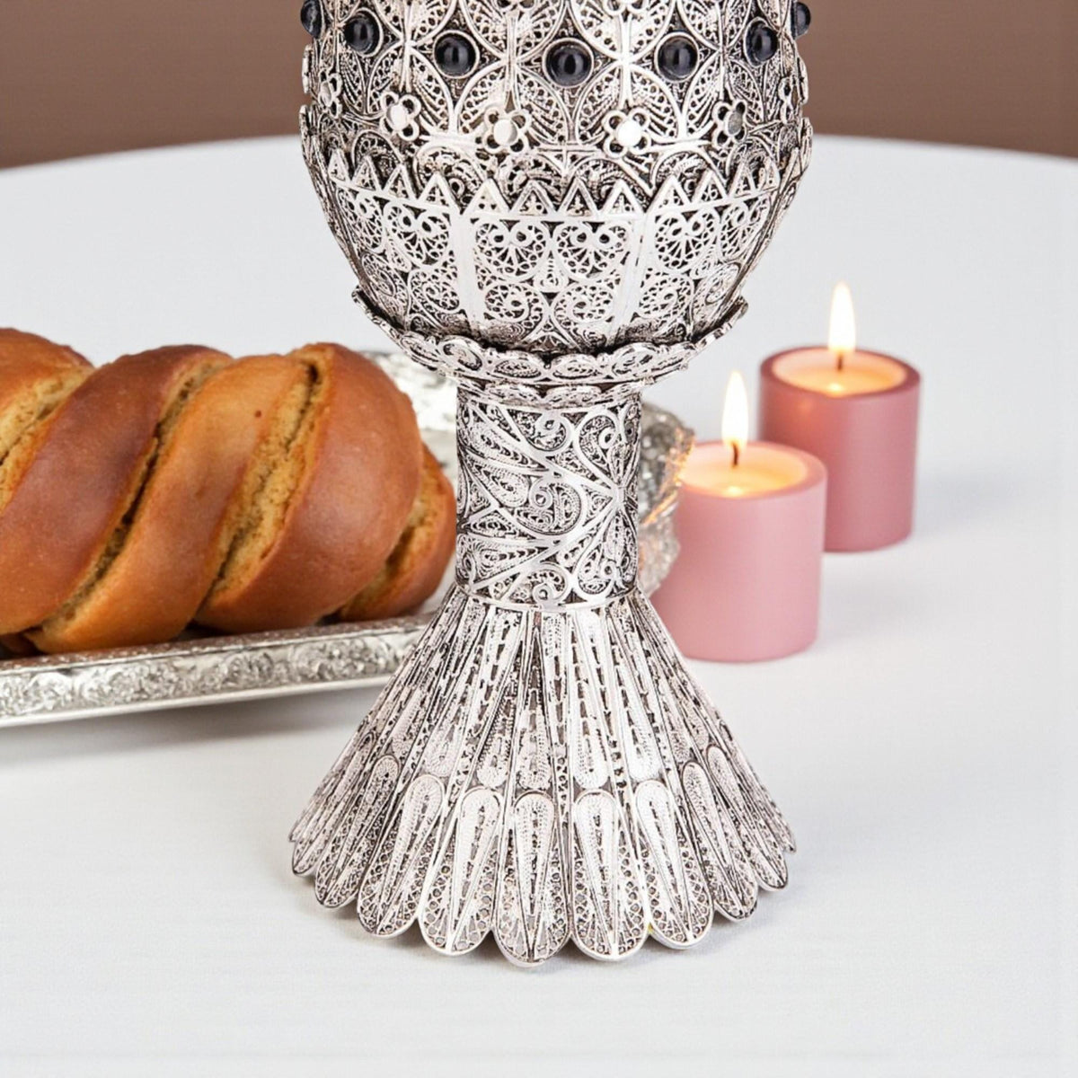 Coupe de Kiddush yéménite en filigrane d'argent sterling | Pierres d'onyx | Intérieur plaqué or 24K