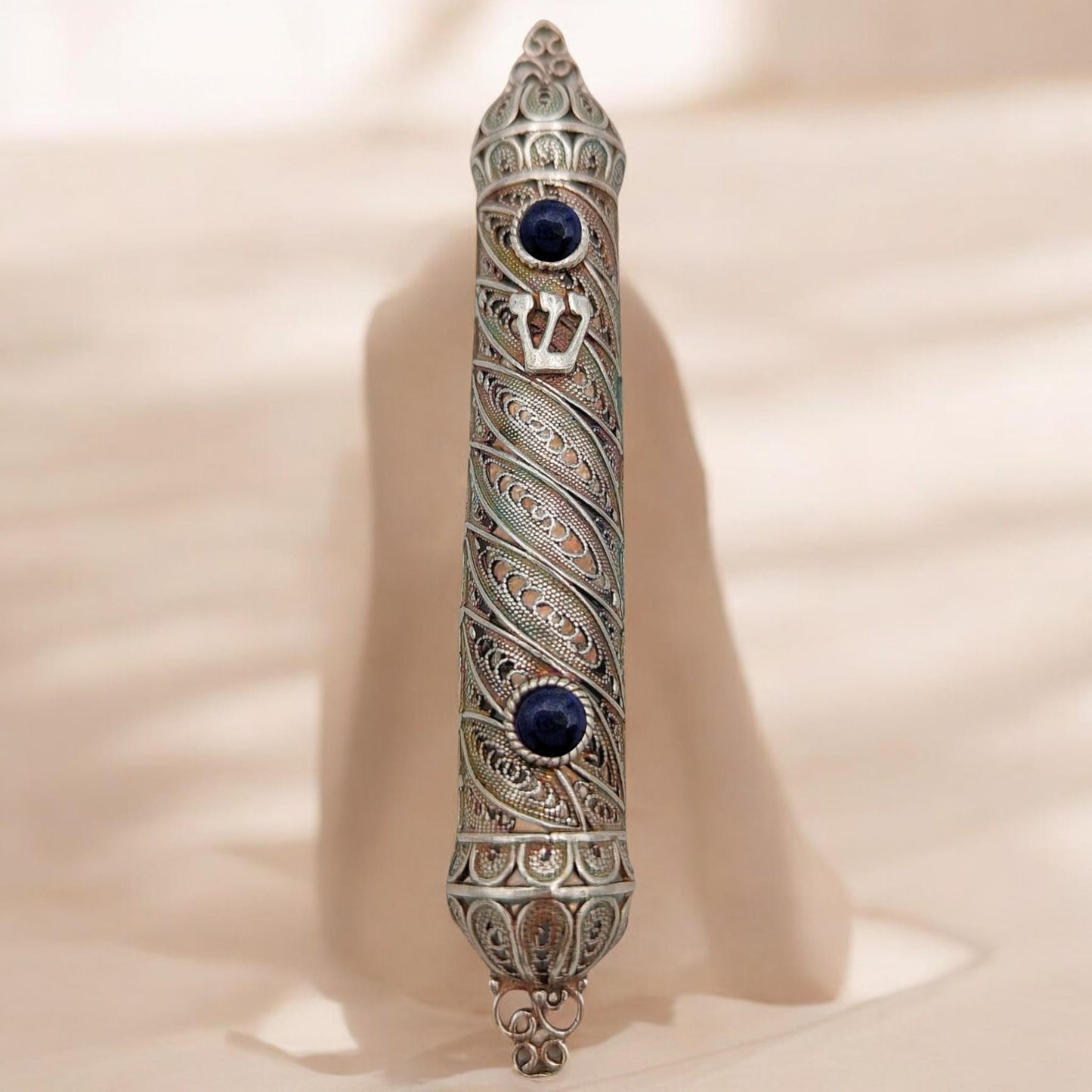 Sterling Silver Yemenite Filigree Mezuzah Case with Gemstones |Jewish Wedding Gift