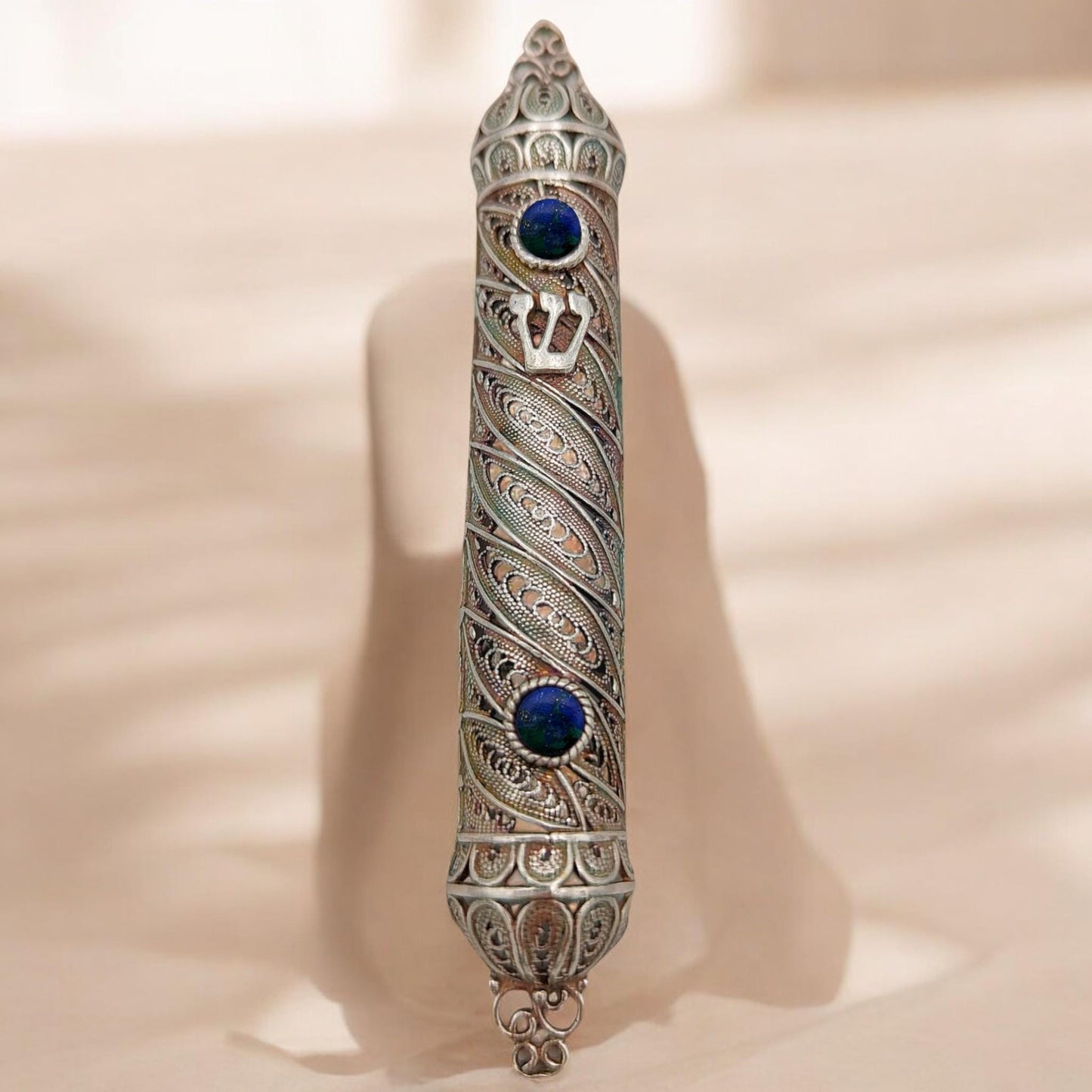 Sterling Silver Yemenite Filigree Mezuzah Case with Gemstones |Jewish Wedding Gift