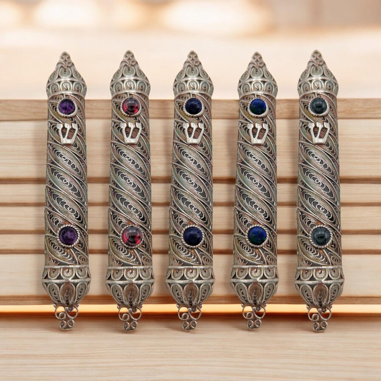 Sterling Silver Yemenite Filigree Mezuzah Case with Gemstones |Jewish Wedding Gift