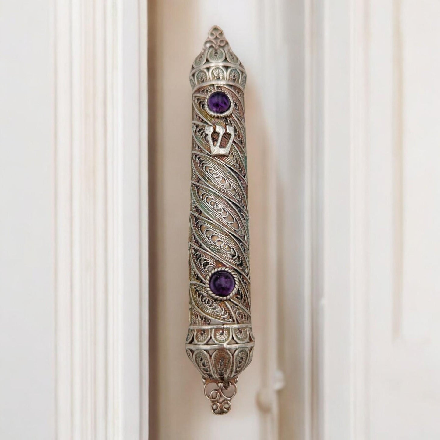 Sterling Silver Yemenite Filigree Mezuzah Case with Gemstones |Jewish Wedding Gift