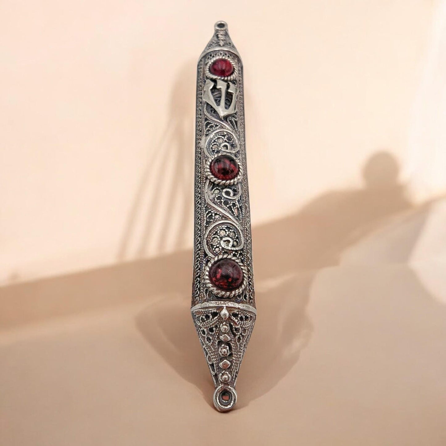 Sterling Silver Yemenite Filigree Mezuzah Case with Gemstones