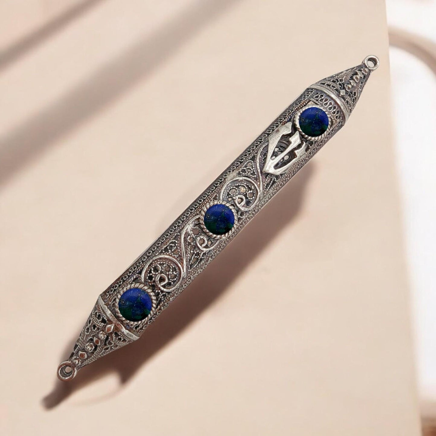 Sterling Silver Yemenite Filigree Mezuzah Case with Gemstones