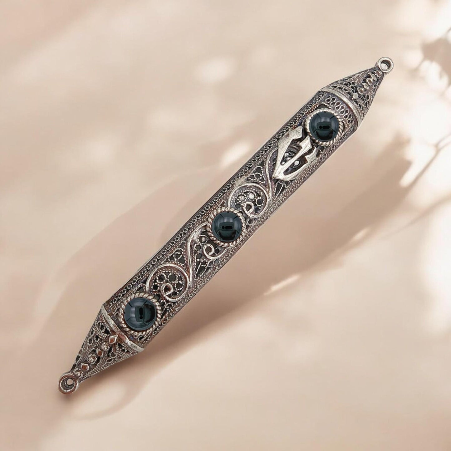 Sterling Silver Yemenite Filigree Mezuzah Case with Gemstones