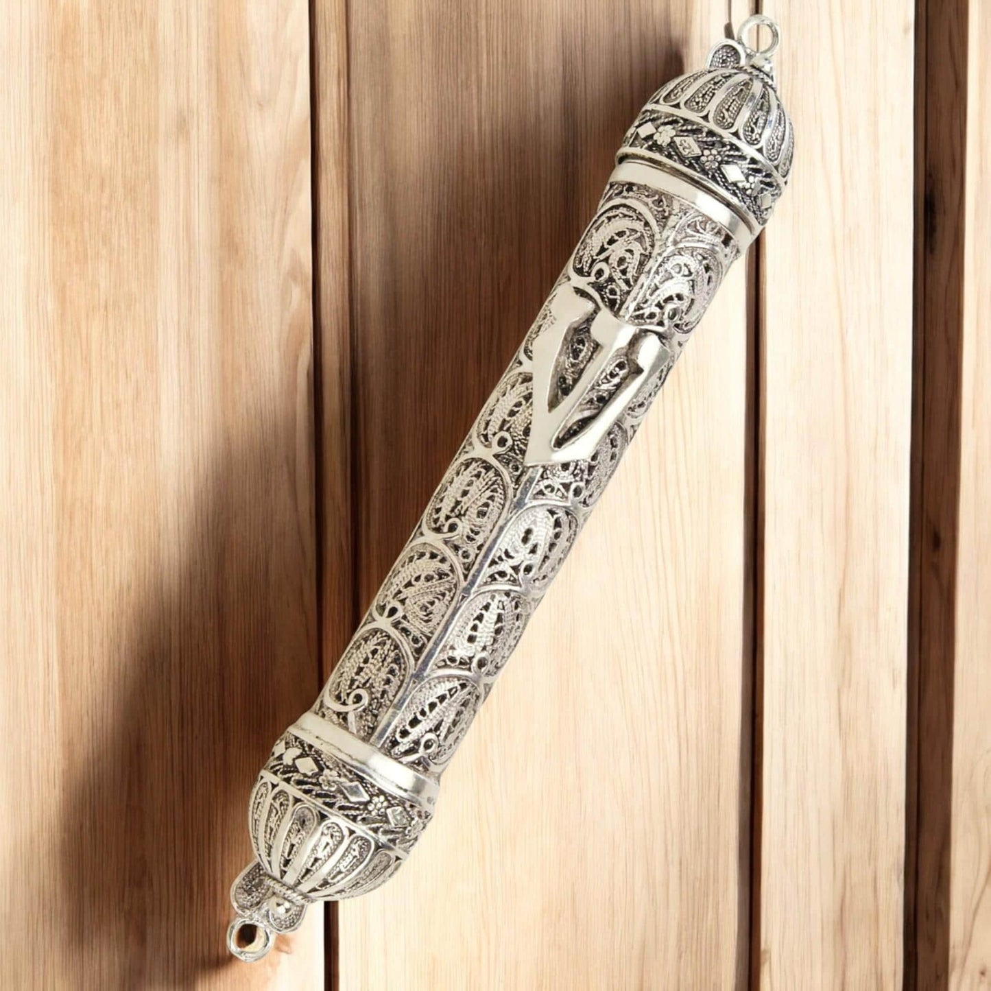 Sterling Silver Yemenite Filigree Mezuzah Case with Shin (ש) | Handmade Judaica Gift, Israel