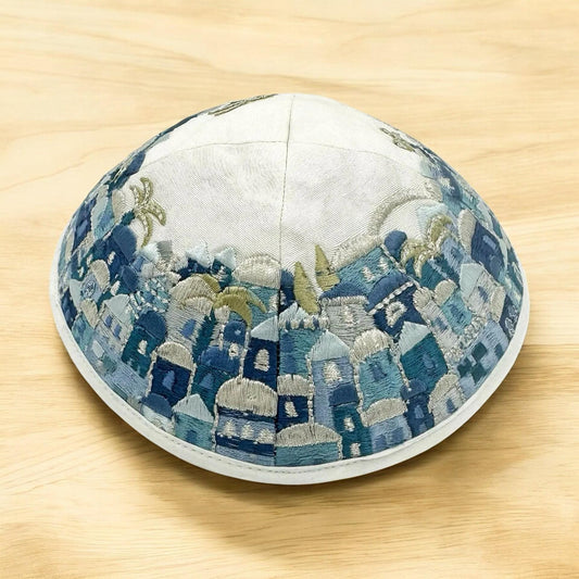 Blue 17cm Jerusalem Embroidered Cotton Kippah