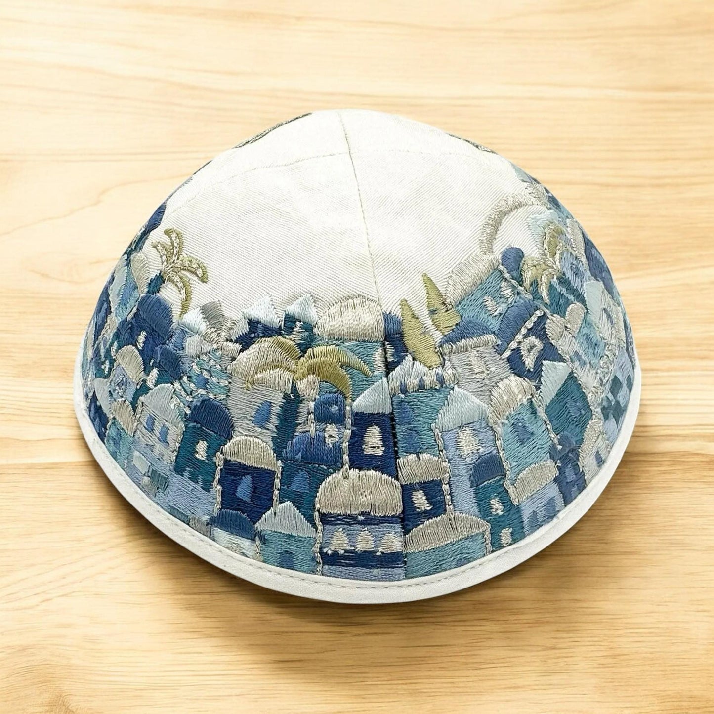Blue 17cm Jerusalem Embroidered Cotton Kippah