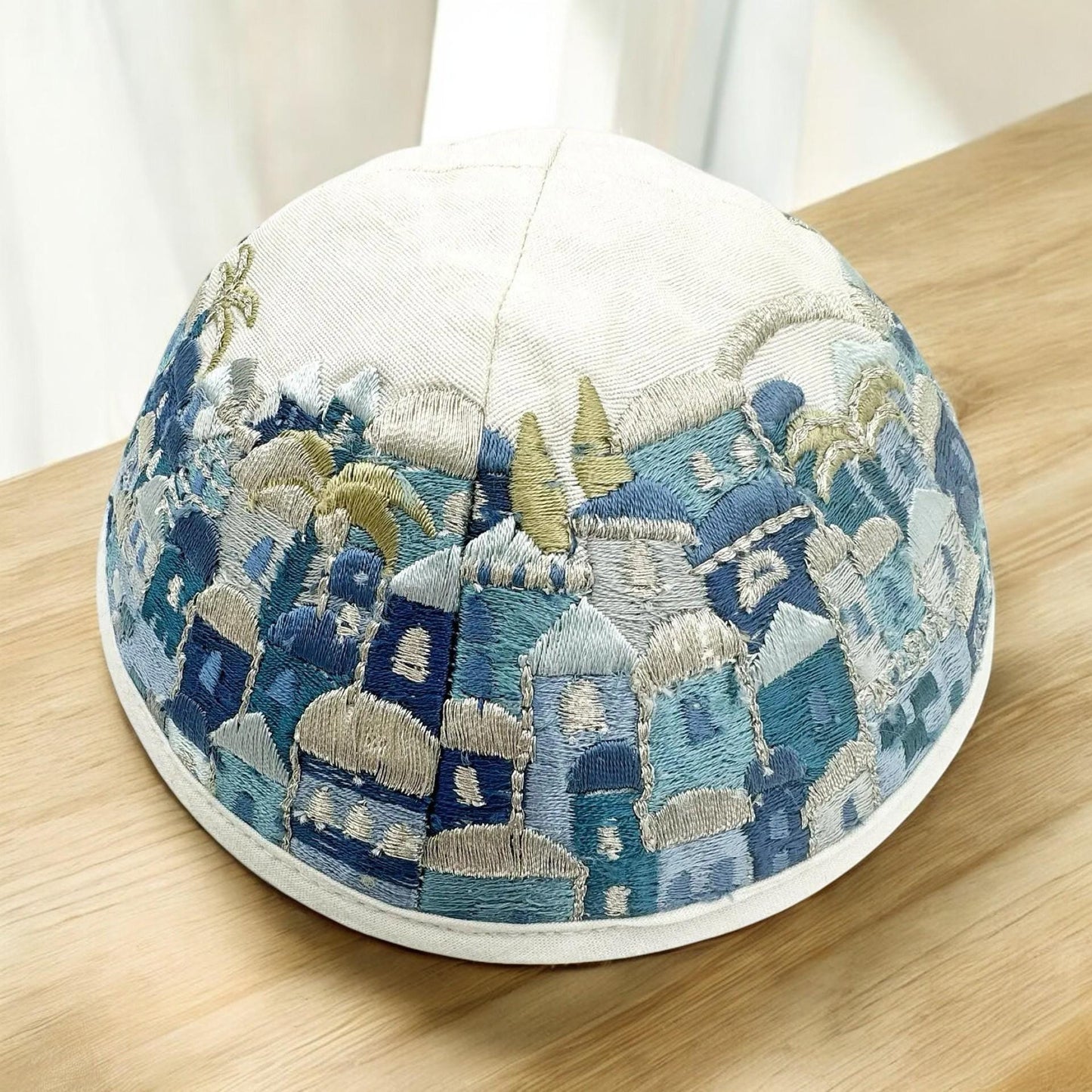 Blue 17cm Jerusalem Embroidered Cotton Kippah