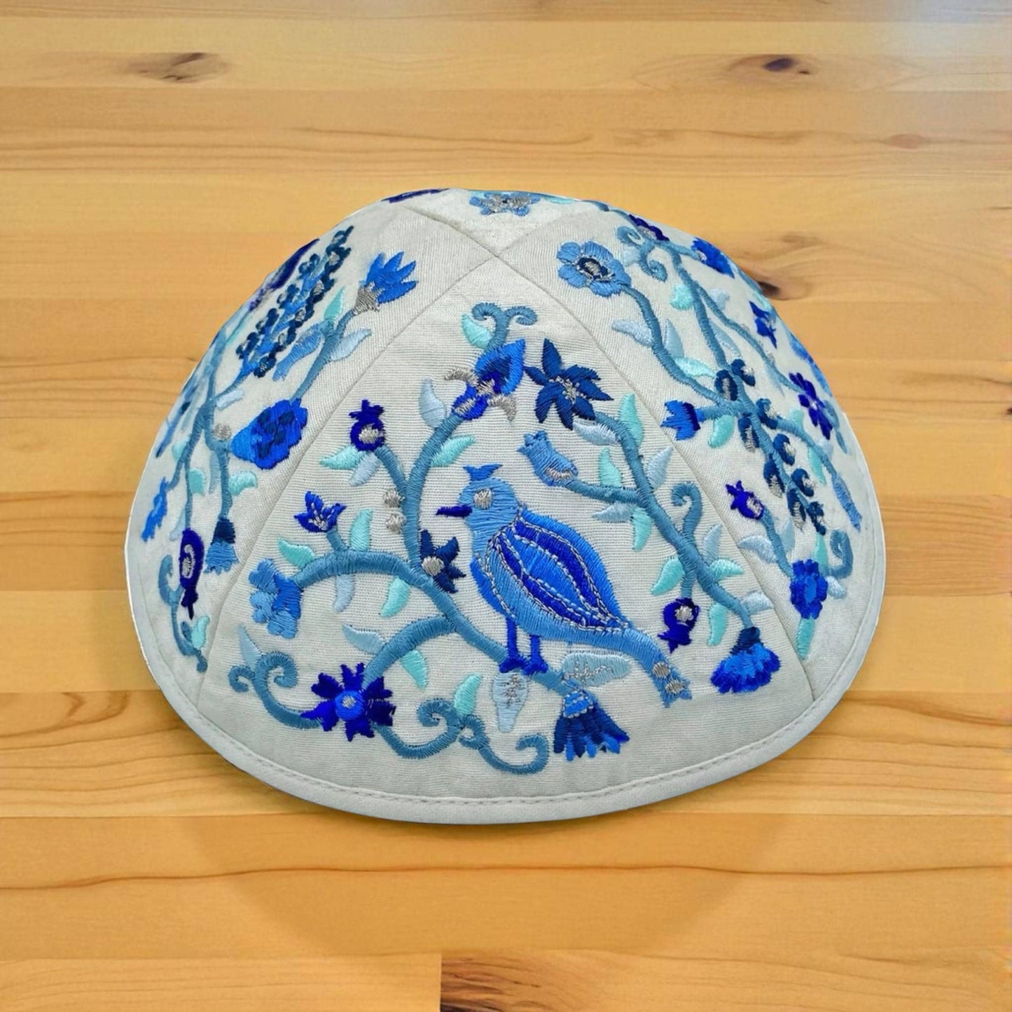 Blue & White Bird 17cm Embroidered Kippah