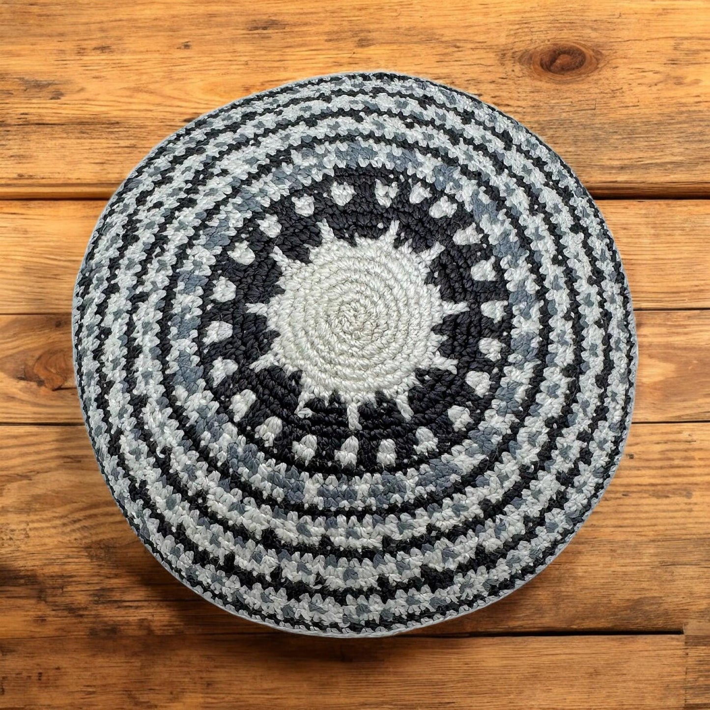 White & Gray 14cm Handmade Knitted Cotton Kippah