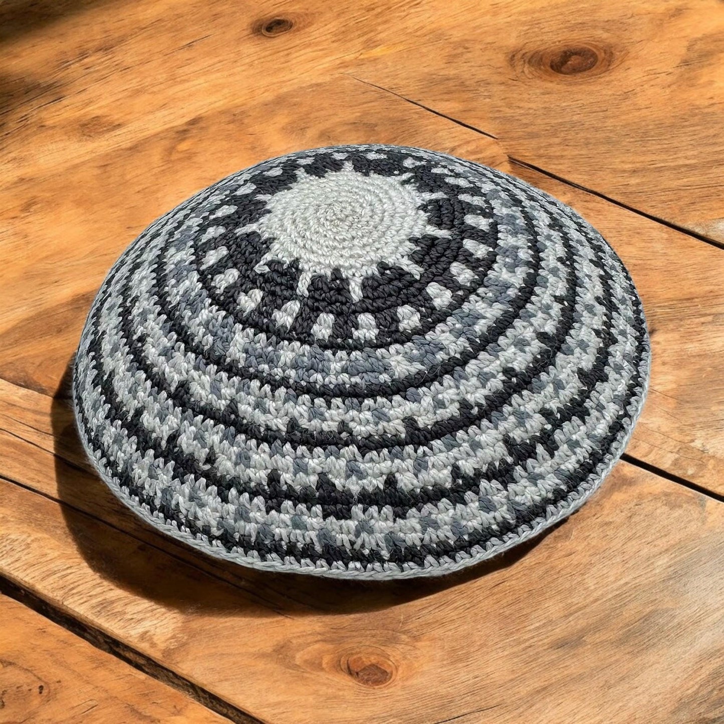 White & Gray 14cm Handmade Knitted Cotton Kippah