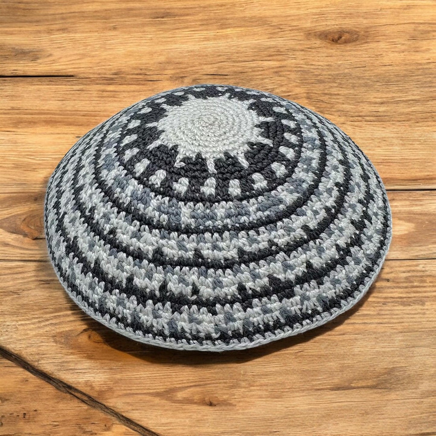 White & Gray 14cm Handmade Knitted Cotton Kippah