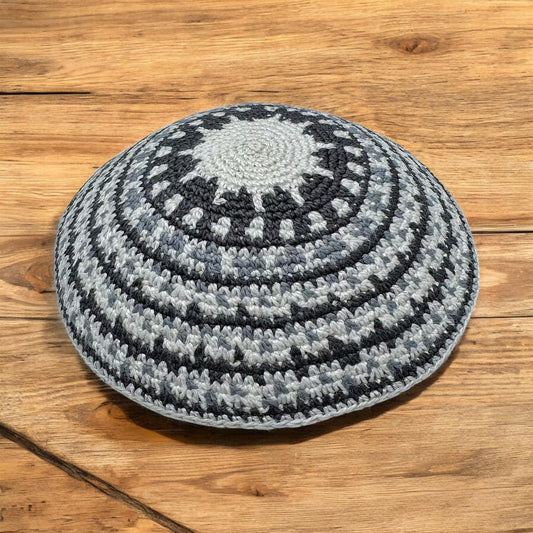 White & Gray 14cm Handmade Knitted Cotton Kippah