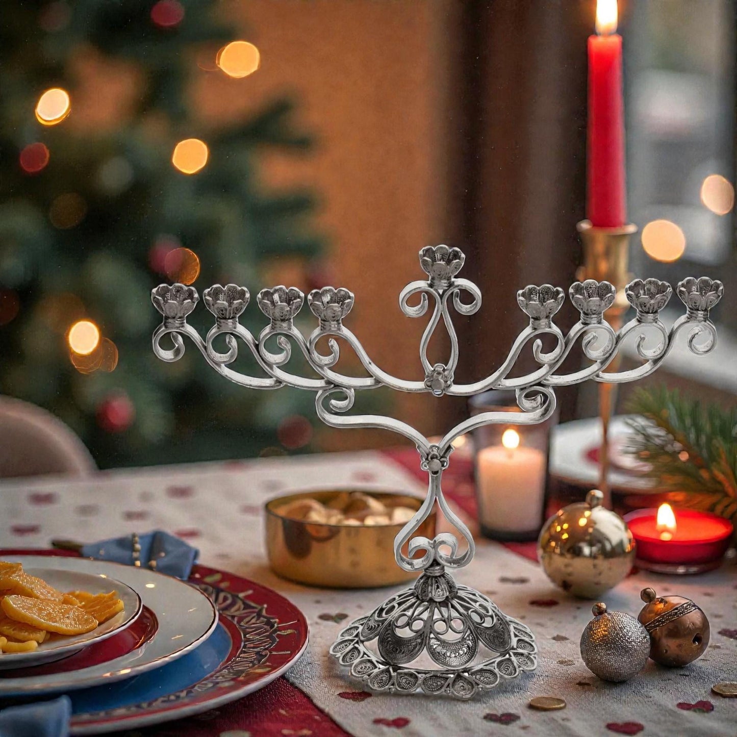 Sterling Silver Yemenite Filigree Menorah | Handcrafted Judaica | Elegant Hanukkah Candle Holder