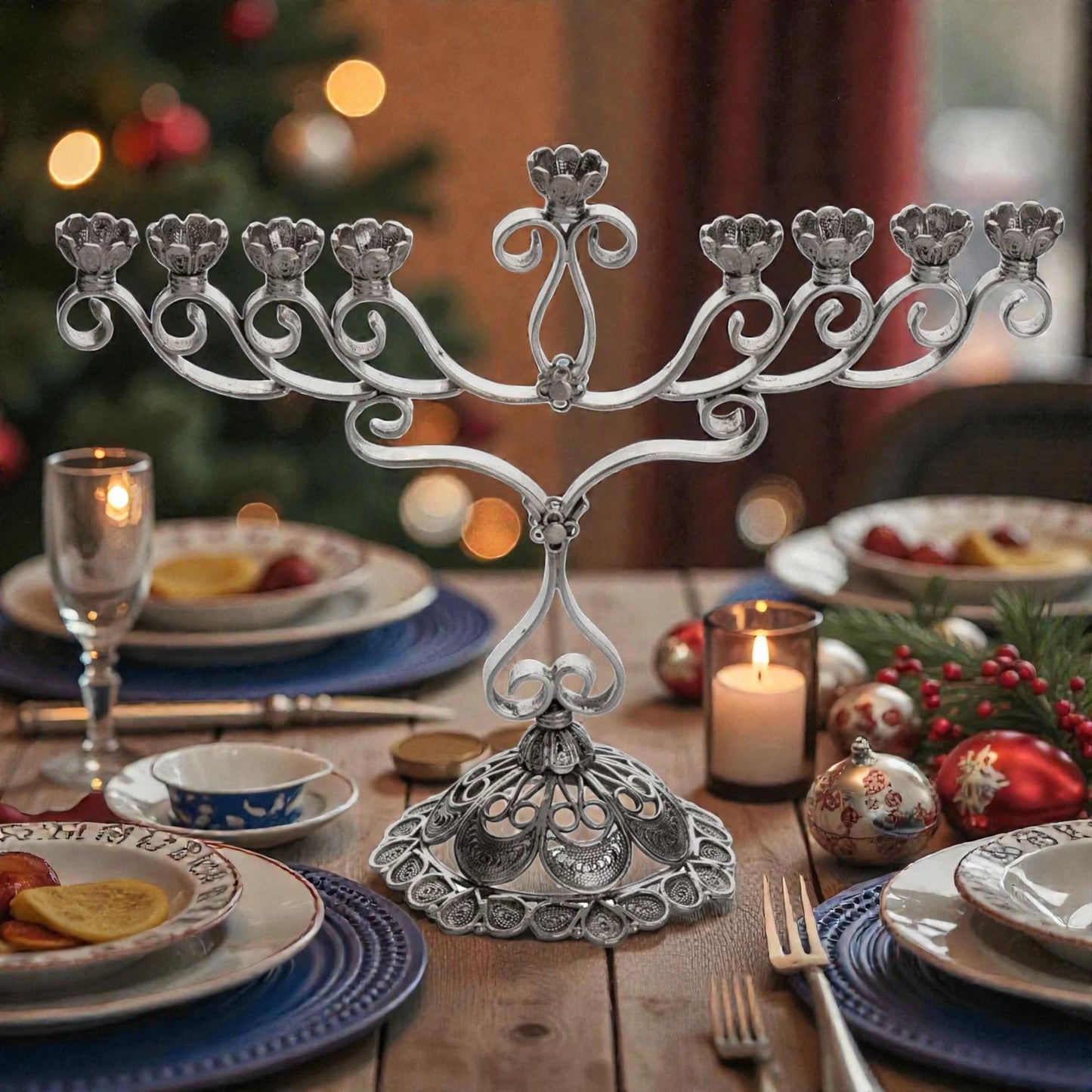 Sterling Silver Yemenite Filigree Menorah | Handcrafted Judaica | Elegant Hanukkah Candle Holder