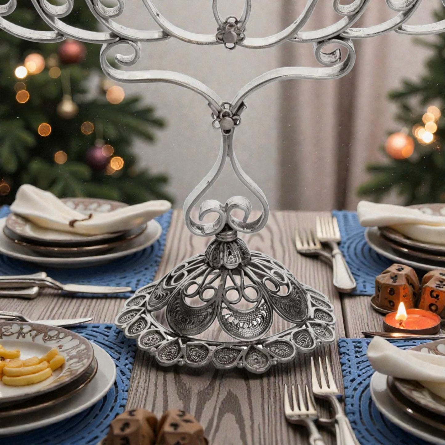 Sterling Silver Yemenite Filigree Menorah | Handcrafted Judaica | Elegant Hanukkah Candle Holder