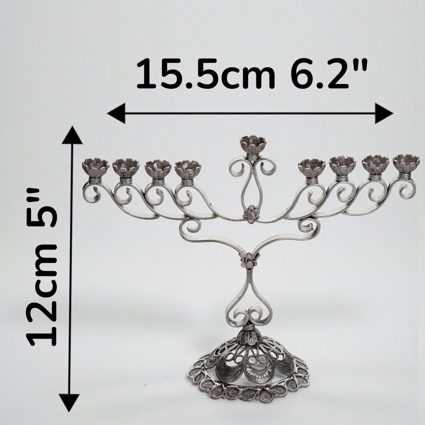 Sterling Silver Yemenite Filigree Menorah | Handcrafted Judaica | Elegant Hanukkah Candle Holder