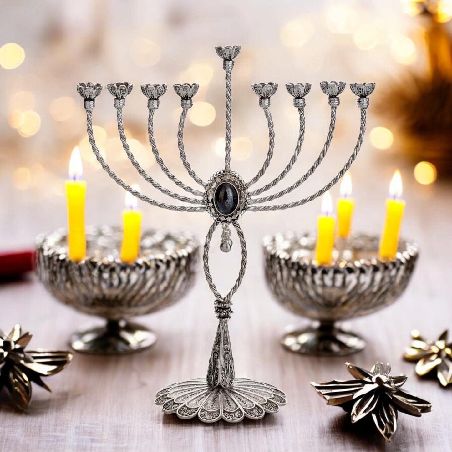 Handmade Silver Filigree Menorah with Onyx Israeli Judaica Hanukkah Gift