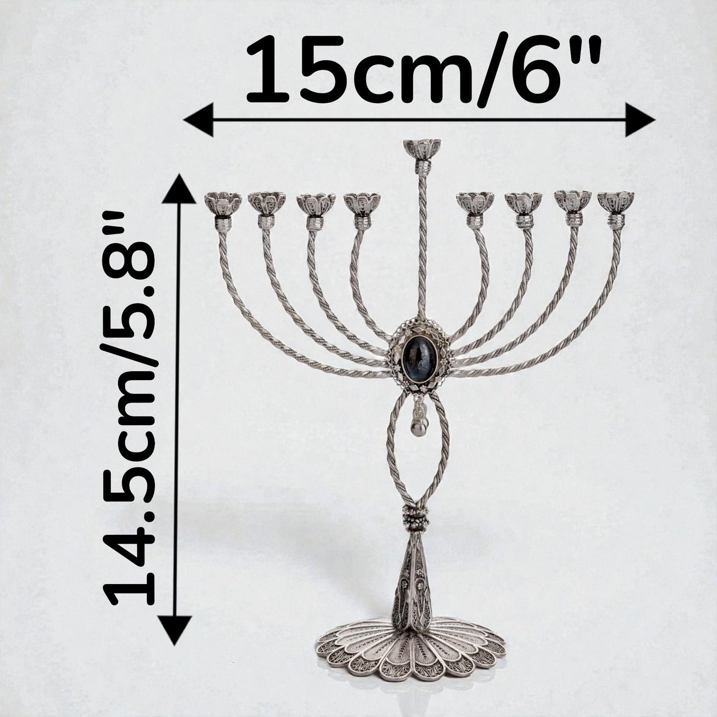 Handmade Silver Filigree Menorah with Onyx Israeli Judaica Hanukkah Gift