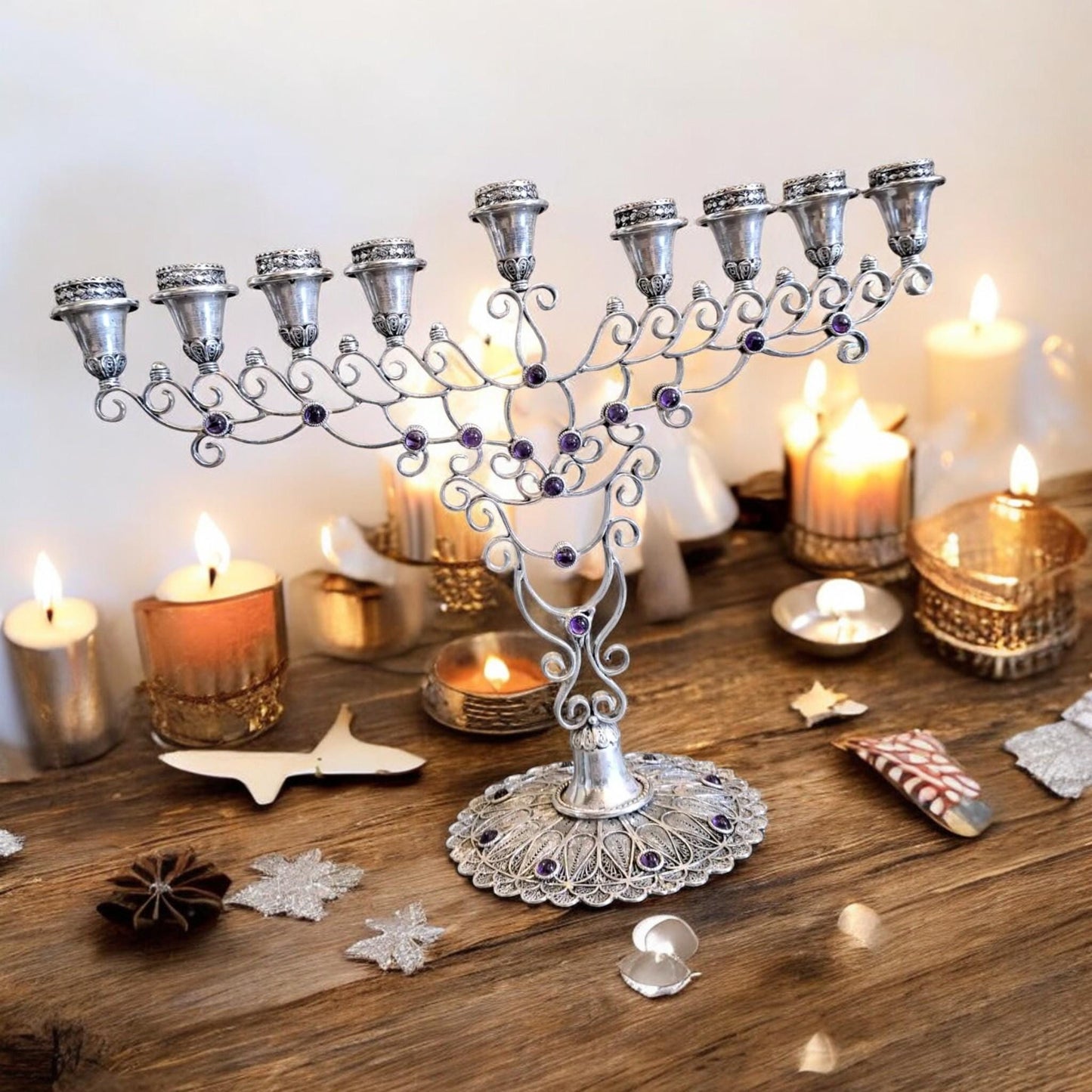 Handmade Silver Filigree Menorah with Amethyst Stones | Israeli Judaica | Hanukkah Gift