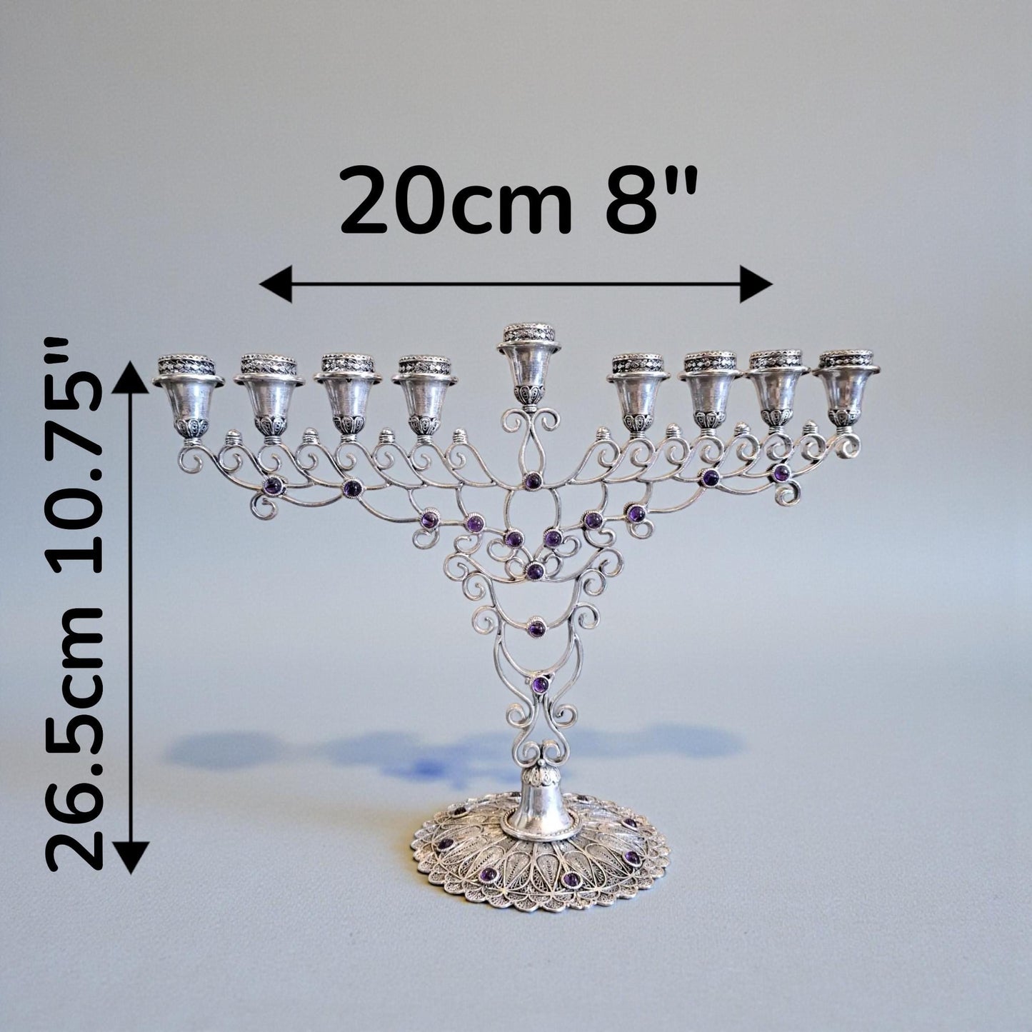 Handmade Silver Filigree Menorah with Amethyst Stones | Israeli Judaica | Hanukkah Gift