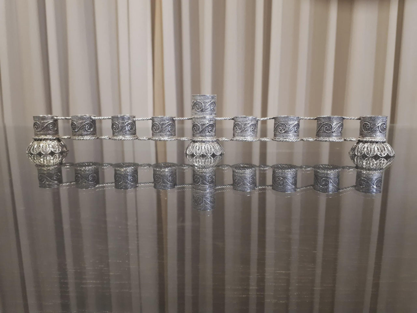 Sterling Silver Yemenite Filigree Menorah | Handcrafted Judaica | Elegant Hanukkah Candle Holder