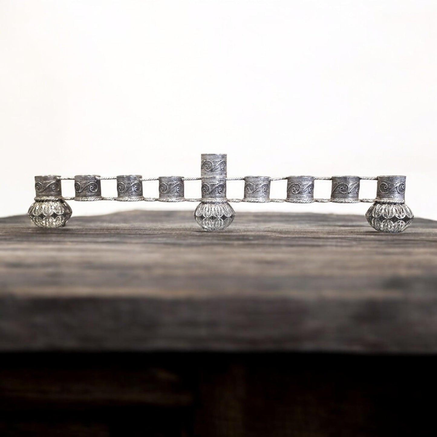 Sterling Silver Yemenite Filigree Menorah | Handcrafted Judaica | Elegant Hanukkah Candle Holder